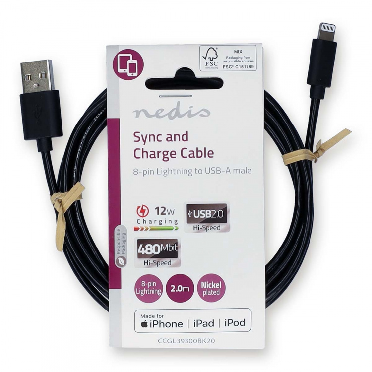 Nedis Lightning Cable | USB 2.0 | Apple Lightning 8-Pin | USB-A Male | 480 Mbps | Nickel Plated | 2.00 m | Round | PVC | Black | Label Nedis Lightning Cable | USB 2.0 | Apple Lightning 8-Pin | USB-A Male | 480 Mbps | Nickel Plated | 2.00 m | Round | PVC | Black | Label