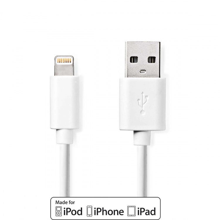 Nedis Lightning Cable | USB 2.0 | Apple Lightning 8-Pin | USB-A Male | 480 Mbps | Nickel Plated | 1.00 m | Round | PVC | White | Label Nedis Lightning Cable | USB 2.0 | Apple Lightning 8-Pin | USB-A Male | 480 Mbps | Nickel Plated | 1.00 m | Round | PVC | White | Label