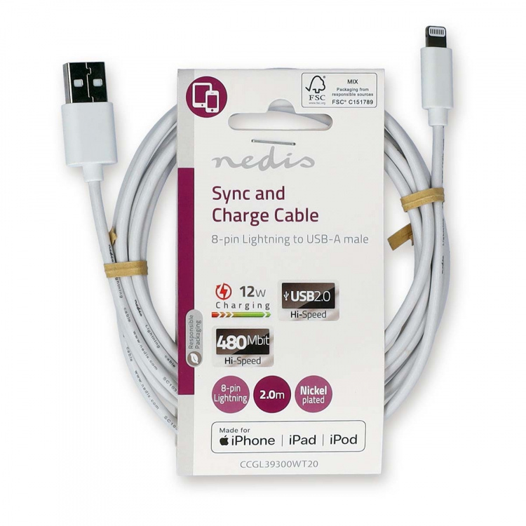 Nedis Lightning Cable | USB 2.0 | Apple Lightning 8-Pin | USB-A Male | 480 Mbps | Nickel Plated | 2.00 m | Round | PVC | White | Label Nedis Lightning Cable | USB 2.0 | Apple Lightning 8-Pin | USB-A Male | 480 Mbps | Nickel Plated | 2.00 m | Round | PVC | White | Label