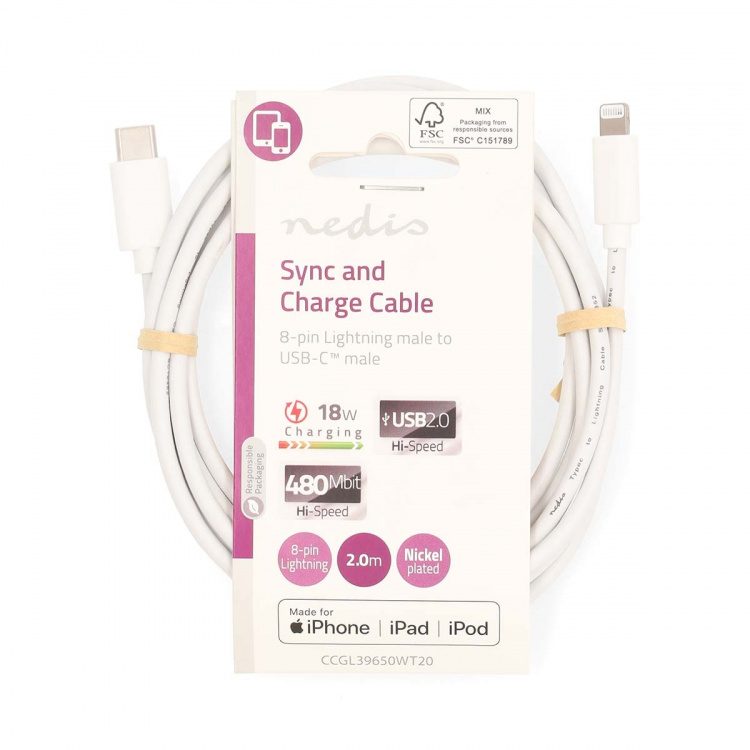 Nedis Lightning Cable | USB 2.0 | Apple Lightning 8-Pin | USB-C™ Male | 480 Mbps | Nickel Plated | 2.00 m | Round | PVC | White | Label