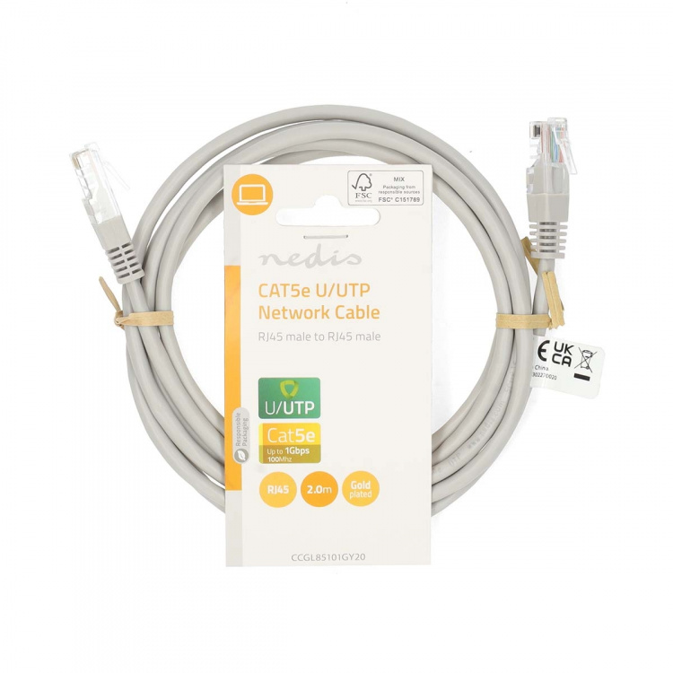 Nedis CAT5e Cable | U/UTP | RJ45 Male | RJ45 Male | 2.00 m | Round | PVC | Grey | Label