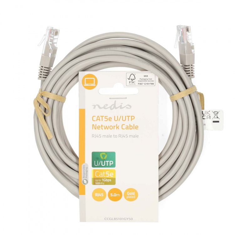 Nedis CAT5e Cable | U/UTP | RJ45 Male | RJ45 Male | 5.00 m | Round | PVC | Grey | Label