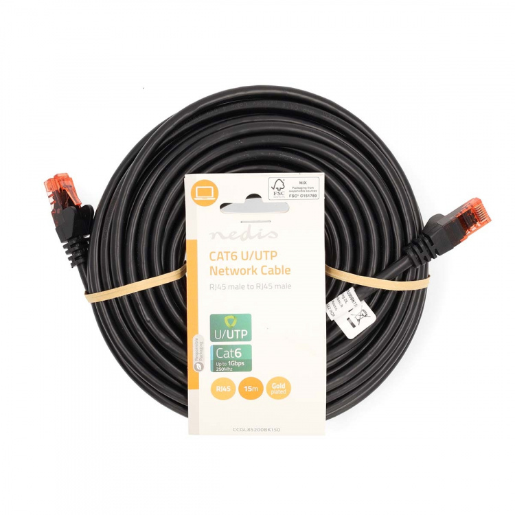 Nedis CAT6 Cable | RJ45 Male | RJ45 Male | U/UTP | 15.0 m | Round | PVC | Black | Label Nedis CAT6 Cable | RJ45 Male | RJ45 Male | U/UTP | 15.0 m | Round | PVC | Black | Label