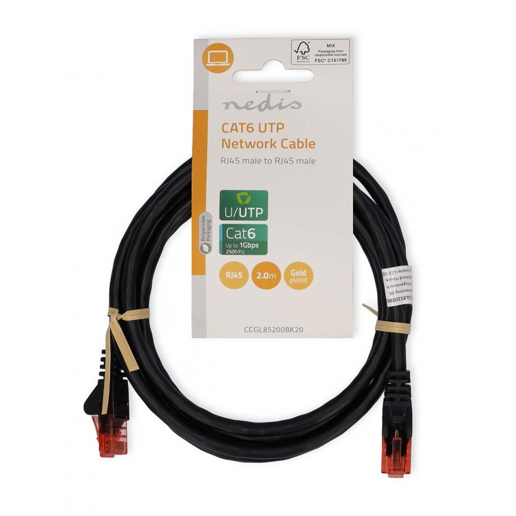 Nedis CAT6 Cable | RJ45 Male | RJ45 Male | U/UTP | 2.00 m | Round | PVC | Black | Label Nedis CAT6 Cable | RJ45 Male | RJ45 Male | U/UTP | 2.00 m | Round | PVC | Black | Label