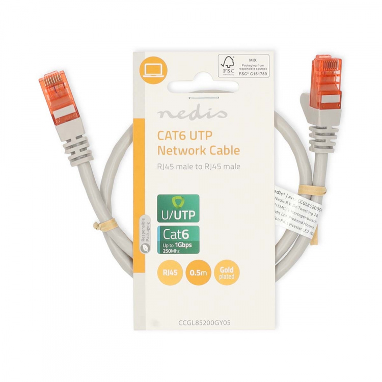 Nedis CAT6 Cable | RJ45 Male | RJ45 Male | U/UTP | 0.50 m | Round | PVC | Grey | Label Nedis CAT6 Cable | RJ45 Male | RJ45 Male | U/UTP | 0.50 m | Round | PVC | Grey | Label