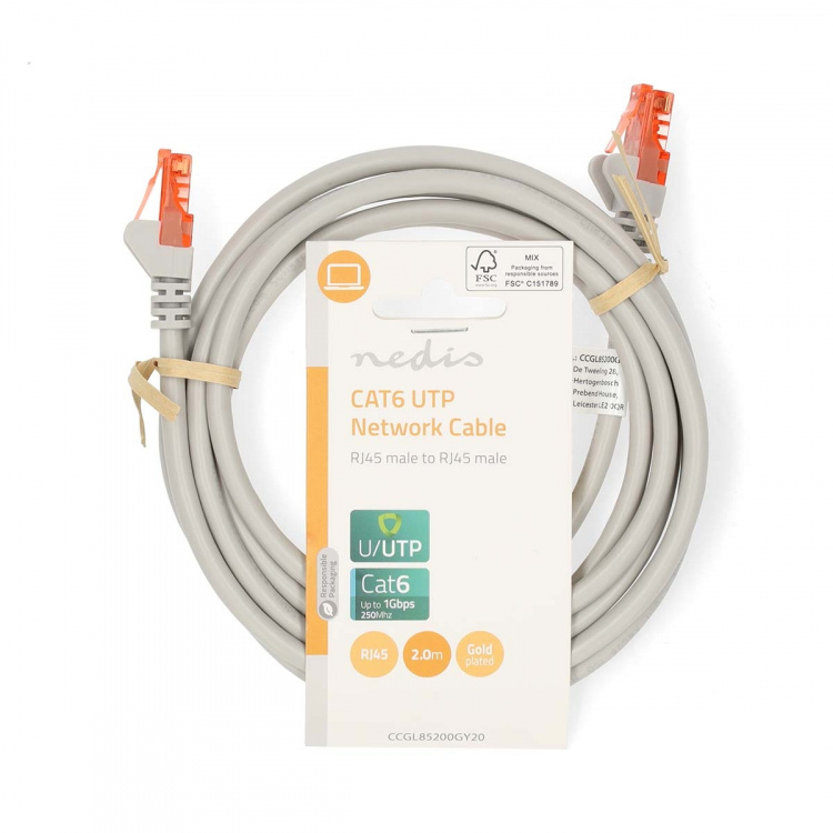 Nedis CAT6 Cable | RJ45 Male | RJ45 Male | U/UTP | 2.00 m | Round | PVC | Grey | Label Nedis CAT6 Cable | RJ45 Male | RJ45 Male | U/UTP | 2.00 m | Round | PVC | Grey | Label