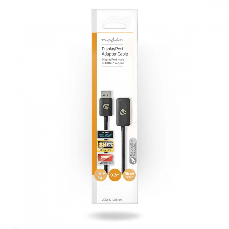 Nedis DisplayPort Adapter | DisplayPort Male | HDMI™ Output | 8K@30Hz | Nickel Plated | Straight | 0.20 m | Round | TPE | PVC | Black | Envelope