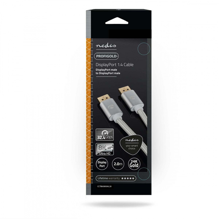 Nedis DisplayPort Cable | DisplayPort Male | DisplayPort Male | 8K@60Hz | Gold Plated | 2.00 m | Round | Braided | Silver | Cover Window Box