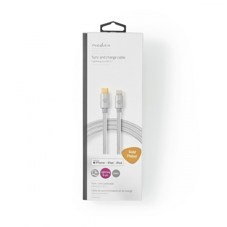 Nedis Lightning Cable | USB 2.0 | USB-C™ Male | Apple Lightning 8-Pin | 480 Mbps | Gold Plated | 2.00 m | Round | Braided / Nylon | Aluminium | Cover Window Box Nedis Lightning Cable | USB 2.0 | USB-C™ Male | Apple Lightning 8-Pin | 480 Mbps | Gold Plated | 2.00 m | Round | Braided / Nylon | Aluminium | Cover Window Box