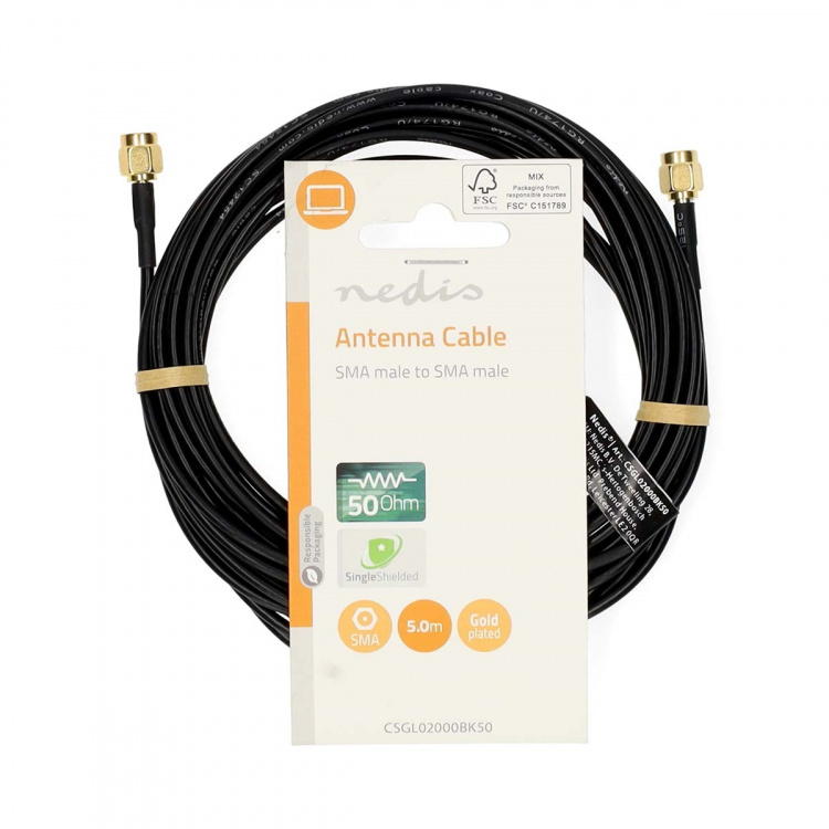 Nedis SMA Cable | SMA Male | SMA Male | Gold Plated | 50 Ohm | Single Shielded | 5.00 m | Round | PVC | Black | Label Nedis SMA Cable | SMA Male | SMA Male | Gold Plated | 50 Ohm | Single Shielded | 5.00 m | Round | PVC | Black | Label