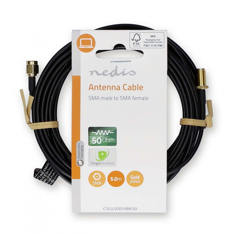 Nedis SMA Cable | SMA Male | SMA Female | Gold Plated | 50 Ohm | Single Shielded | 5.00 m | Round | PVC | Black | Label