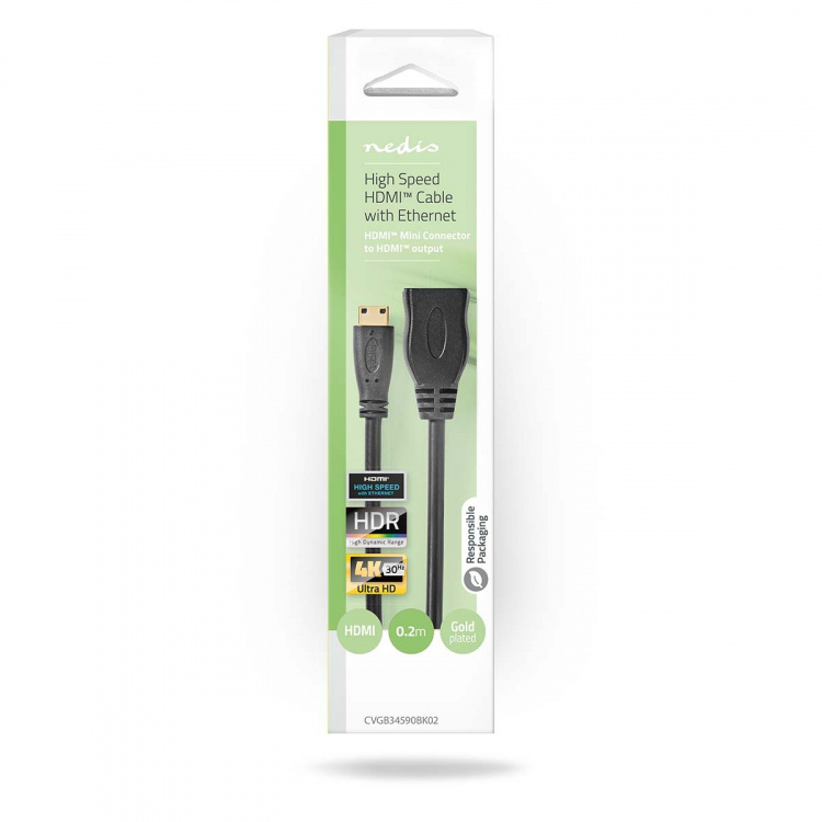 Nedis High Speed HDMI™ Cable with Ethernet | HDMI™ Mini Connector | HDMI™ Output | 4K@30Hz | 10.2 Gbps | 0.20 m | Round | PVC | Black | Box Nedis High Speed HDMI™ Cable with Ethernet | HDMI™ Mini Connector | HDMI™ Output | 4K@30Hz | 10.2 Gbps | 0.20 m | Round | PVC | Black | Box