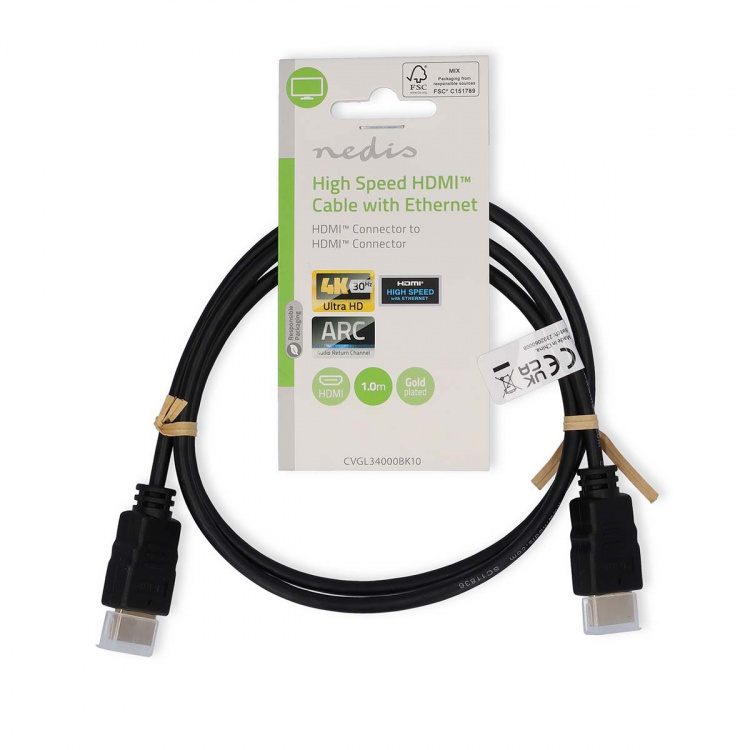 Nedis High Speed HDMI™ Cable with Ethernet | HDMI™ Connector | HDMI™ Connector | 4K@30Hz | ARC | 10.2 Gbps | 1.00 m | Round | PVC | Black | Label