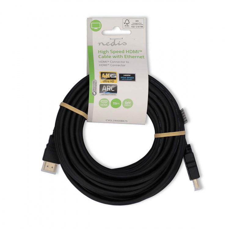 Nedis High Speed HDMI™ Cable with Ethernet | HDMI™ Connector | HDMI™ Connector | 4K@30Hz | ARC | 10.2 Gbps | 7.50 m | Round | PVC | Black | Label