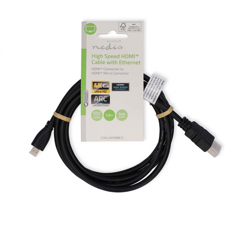 Nedis High Speed HDMI™ Cable with Ethernet | HDMI™ Connector | HDMI™ Micro Connector | 4K@30Hz | 10.2 Gbps | 1.50 m | Round | PVC | Black | Label