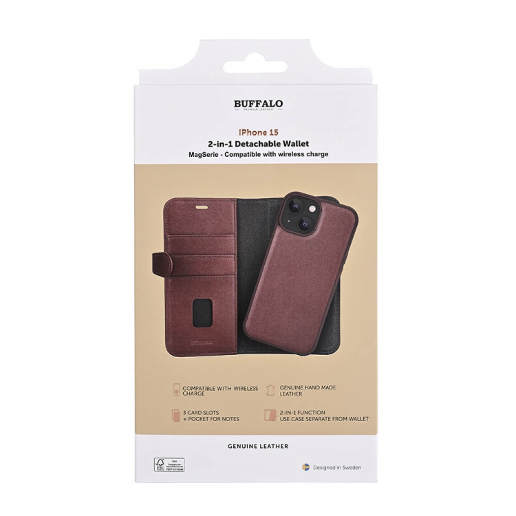 Buffalo Wallet Case 2-in-1 3 Card MagSeries Brown - iPhone 15