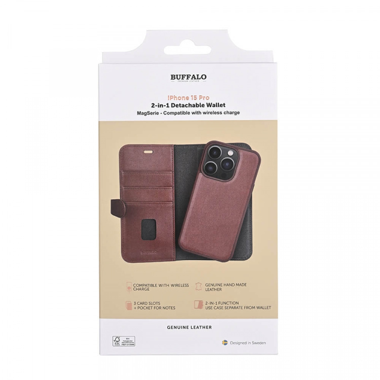 Buffalo Wallet Case 2-in-1 3 Card MagSeries Brown - iPhone 15 Pro