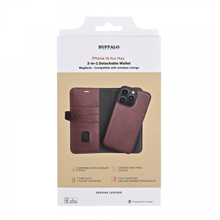 Buffalo Wallet Case 2-in-1 3 Card MagSeries Brown - iPhone 15 Pro Max Buffalo Wallet Case 2-in-1 3 Card MagSeries Brown - iPhone 15 Pro Max