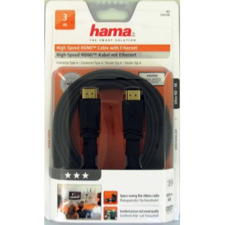 Hama Speed HDMI™ Cable, plug - plug, flat, Ethernet, 3.0 m Hama Speed HDMI™ Cable, plug - plug, flat, Ethernet, 3.0 m