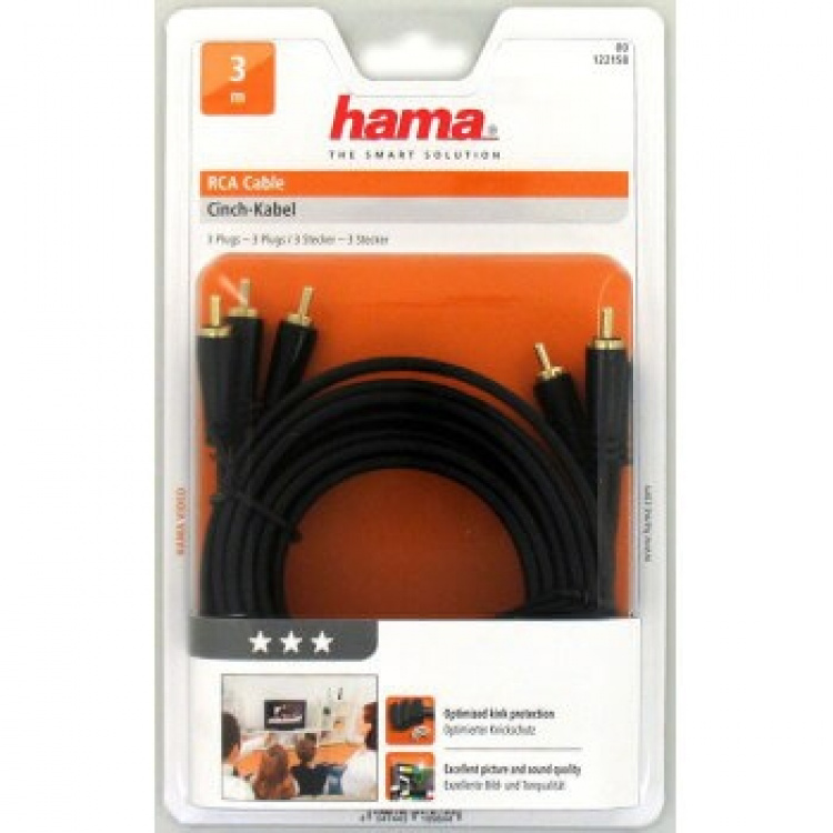 Hama Audio/Video Cable, 3 RCA plug s - 3 RCA plugs, gold-plated