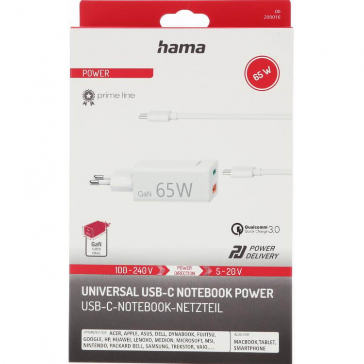 Hama Universal Charger USB-C and USB-A PD GaN 5-20V/65W Hama Universal Charger USB-C and USB-A PD GaN 5-20V/65W