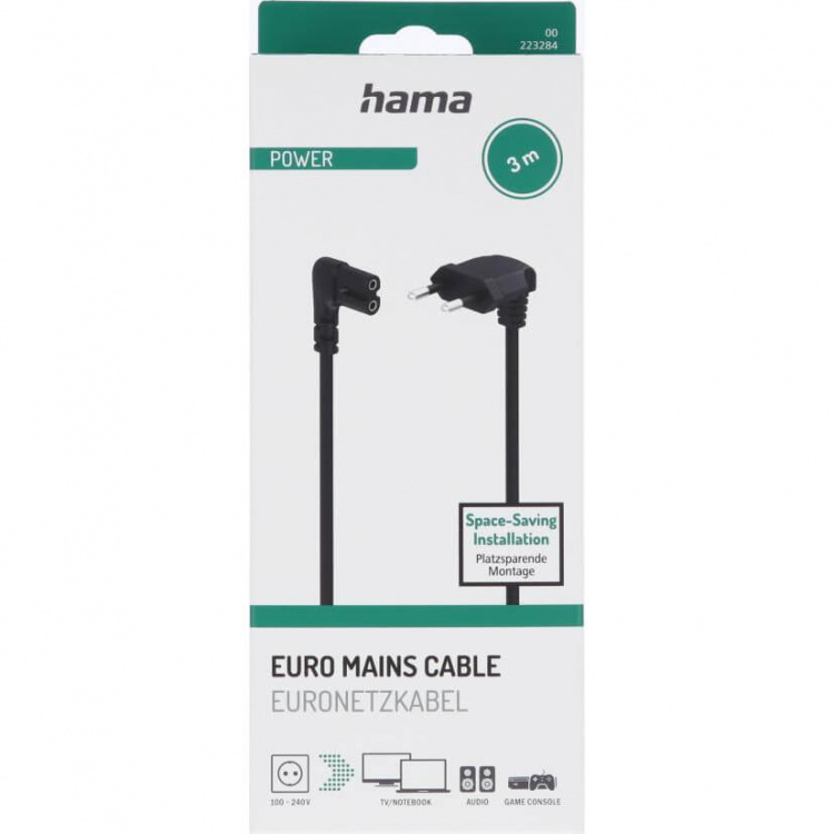 Hama Power Cable Angled Euro Plug Black 3.0m