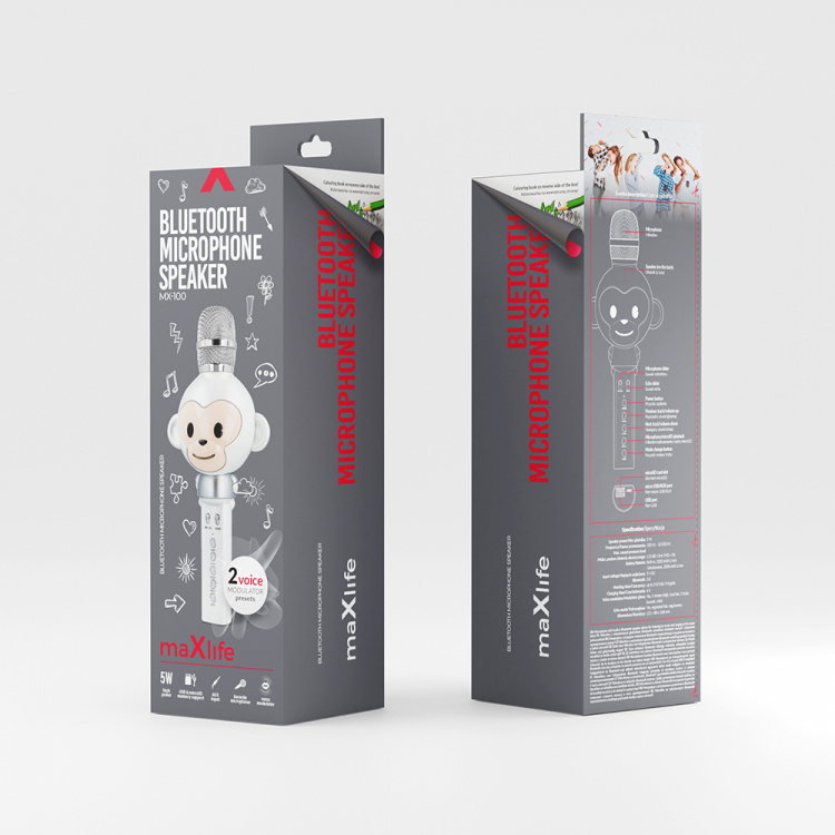 Maxlife Animal MX-100 - Bluetooth Karaoke Microphone with Built-in Speaker, White