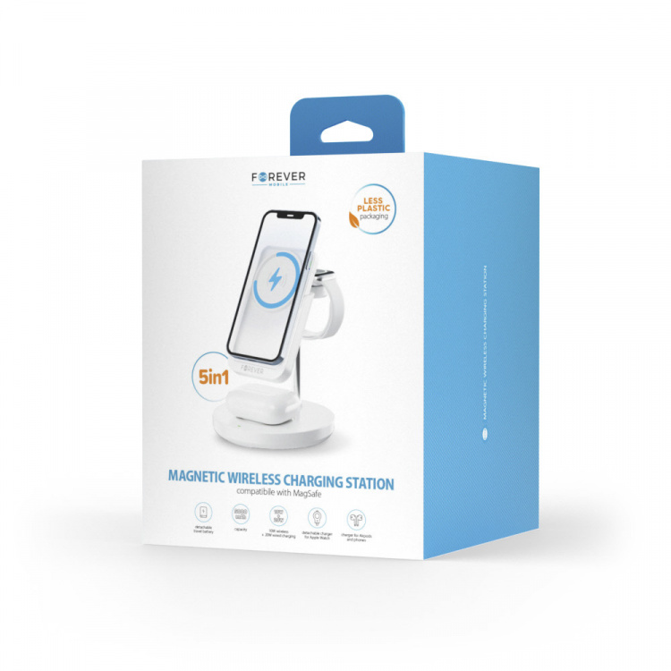 Forever MACS-100 - 5in1 Wireless Charging Station with Portable Qi Powerbank 5000mAh, White Forever MACS-100 - 5in1 Wireless Charging Station with Portable Qi Powerbank 5000mAh, White