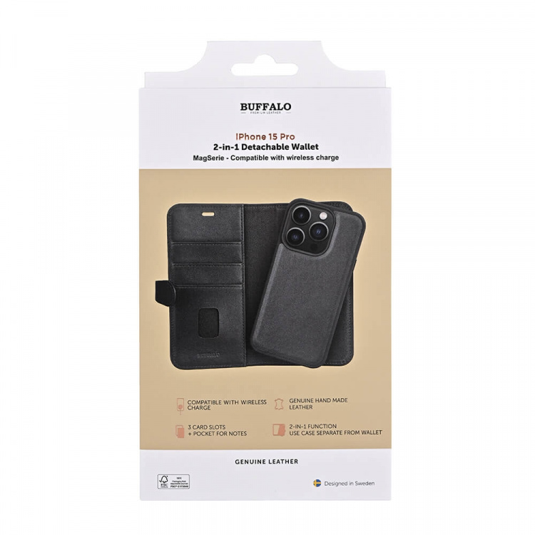 Buffalo Wallet Case 2-in-1 3 Card MagSeries Black - iPhone 15 Pro Buffalo Wallet Case 2-in-1 3 Card MagSeries Black - iPhone 15 Pro