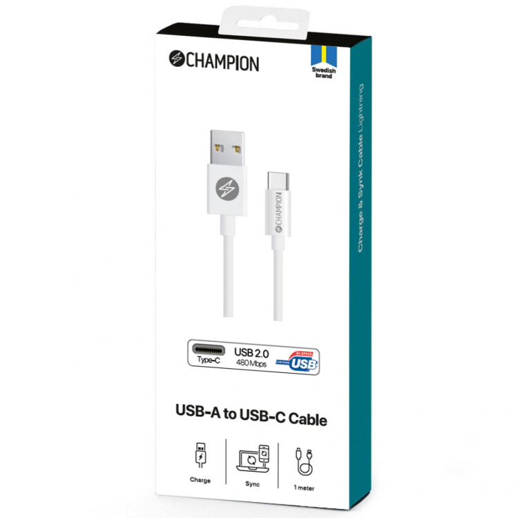 Champion USB-A till USB-C Kabel 1m Vit Champion USB-A till USB-C Kabel 1m Vit