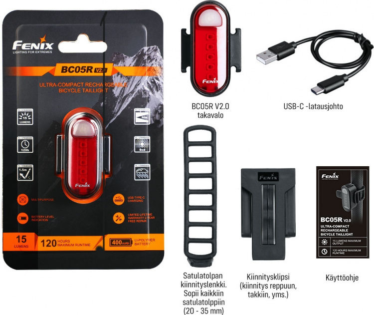 Fenix BC05R V2.0 bakljus, 15 lm Fenix BC05R V2.0 bakljus, 15 lm