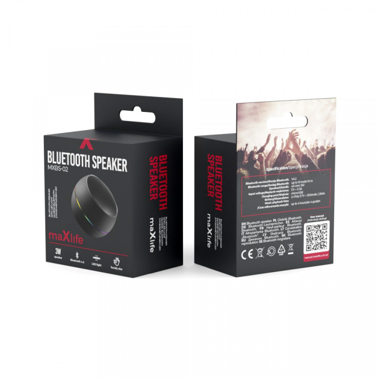 Maxlife MXBS-02 - Portable Bluetooth Speaker with LED Lighting, 3W, Black
