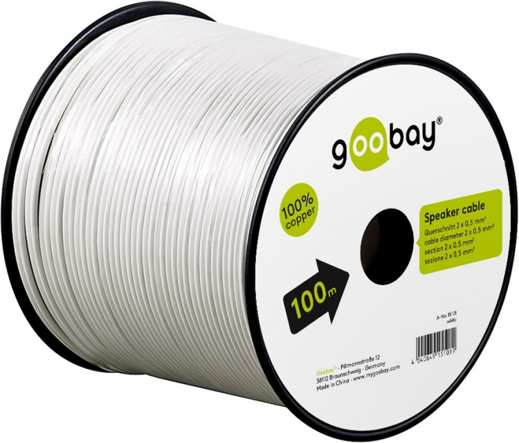 Goobay Speaker Cable white CU 100 m spool, cable diameter 2 x 0.5 mm²