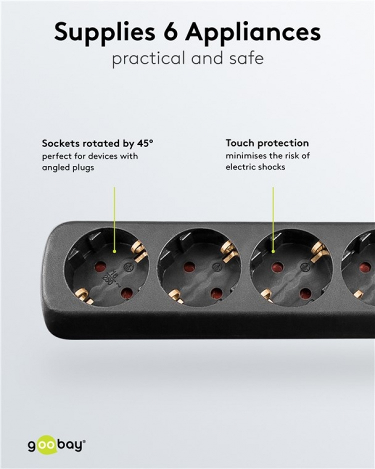 Goobay 6-Way Power Strip, 5 m, black 6x safety sockets CEE 7/4 Goobay 6-Way Power Strip, 5 m, black 6x safety sockets CEE 7/4