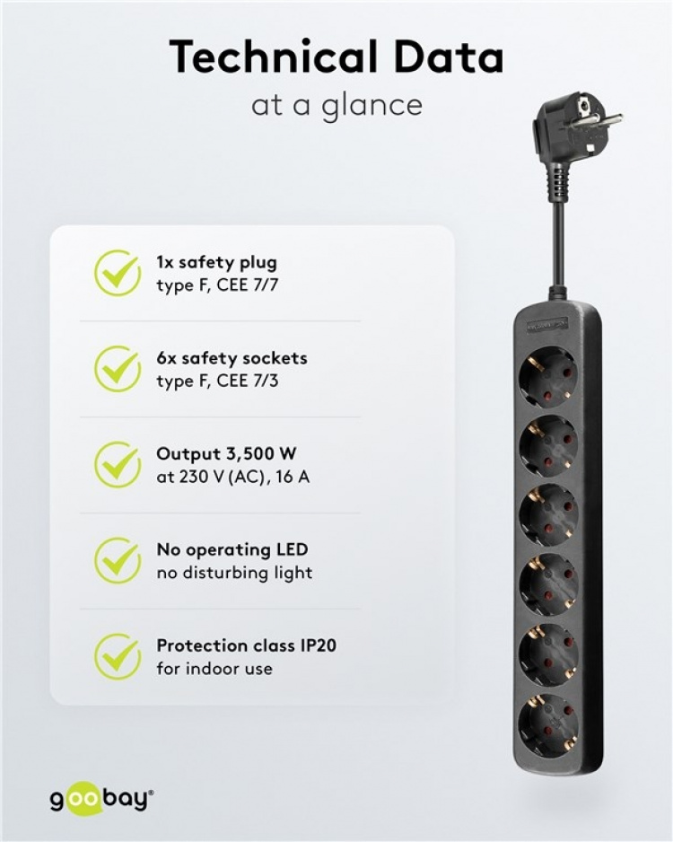 Goobay 6-Way Power Strip, 5 m, black 6x safety sockets CEE 7/4 Goobay 6-Way Power Strip, 5 m, black 6x safety sockets CEE 7/4