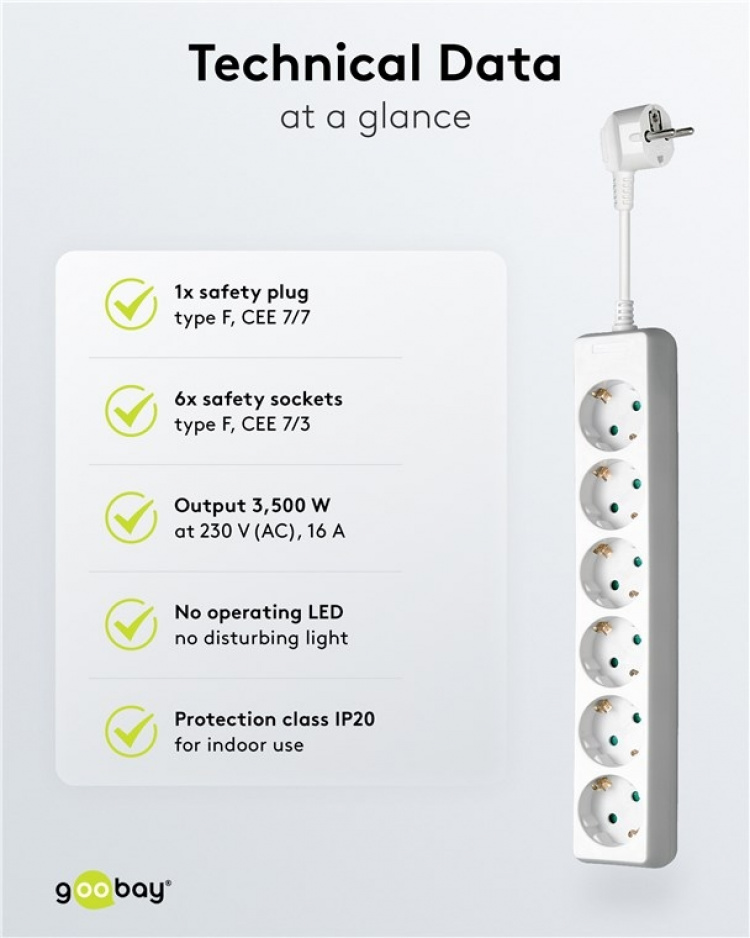 Goobay 6-Way Power Strip, 5 m, white 6x safety sockets CEE 7/4 Goobay 6-Way Power Strip, 5 m, white 6x safety sockets CEE 7/4