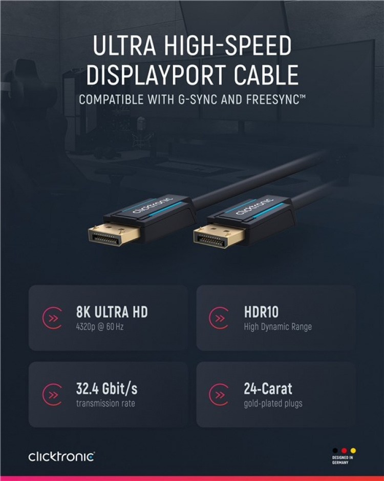 ClickTronic DisplayPort™ Cable Premium cable | 1x DisplayPort™ plug 1x DisplayPort™ plug | 2.0 m | UHD 8K @ 60 Hz