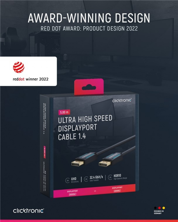ClickTronic DisplayPort™ Cable Premium cable | 1x DisplayPort™ plug 1x DisplayPort™ plug | 5.0 m | UHD 8K @ 60 Hz ClickTronic DisplayPort™ Cable Premium cable | 1x DisplayPort™ plug 1x DisplayPort™ plug | 5.0 m | UHD 8K @ 60 Hz