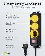 Goobay 3-Way Extension Lead, Splash-proof, 3 m 3x safety sockets with protective covers, suitable for outdoor use