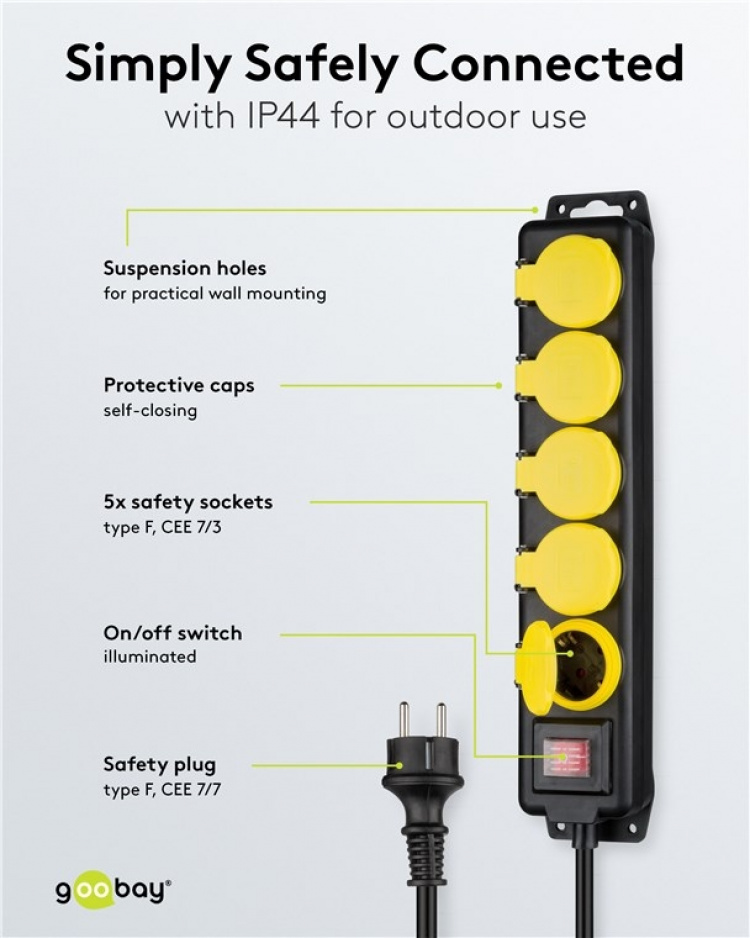 Goobay 5-Way Extension Lead, Splash-proof, 3 m 5x safety sockets with protective covers, suitable for outdoor use Goobay 5-Way Extension Lead, Splash-proof, 3 m 5x safety sockets with protective covers, suitable for outdoor use