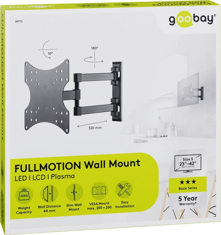 Goobay TV wall mount Basic FULLMOTION (S) for TVs from 23 to 42 inch (58-107cm), fully movable double arm joint (swivel and tilt) up to 20 kg Goobay TV wall mount Basic FULLMOTION (S) for TVs from 23 to 42 inch (58-107cm), fully movable double arm joint (swivel and tilt) up to 20 kg