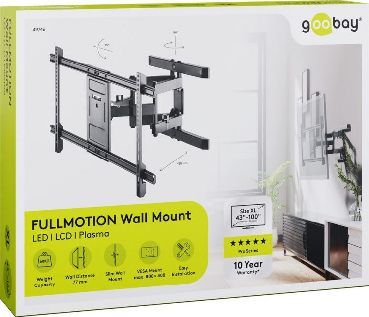 Goobay TV wall mount Pro FULLMOTION (XL) for TVs from 43 to 100 inch (109-254 cm), fully mobile (swivel and tilt) up to 60 kg