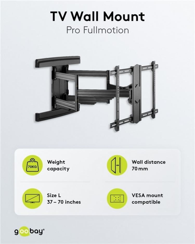 Goobay TV wall mount Pro FULLMOTION (L) wide Range for TVs from 37 to 70 inch (94-178 cm), fully mobile (swivel and tilt) up to 70 kg