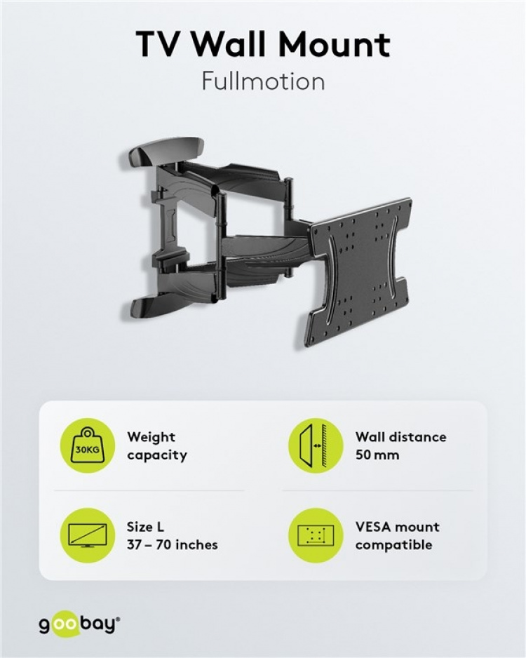 Goobay TV wall mount OLED FULLMOTION (L) especially for OLED TVs from 37 to 70 inch (94-178 cm), fully movable (swivel and tilt) up to 30 kg Goobay TV wall mount OLED FULLMOTION (L) especially for OLED TVs from 37 to 70 inch (94-178 cm), fully movable (swivel and tilt) up to 30 kg