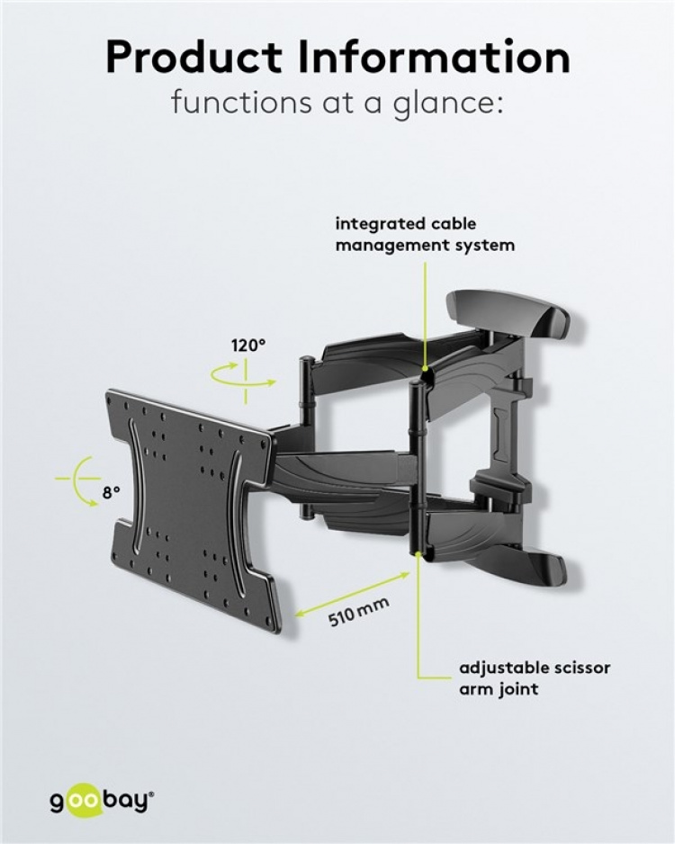 Goobay TV wall mount OLED FULLMOTION (L) especially for OLED TVs from 37 to 70 inch (94-178 cm), fully movable (swivel and tilt) up to 30 kg Goobay TV wall mount OLED FULLMOTION (L) especially for OLED TVs from 37 to 70 inch (94-178 cm), fully movable (swivel and tilt) up to 30 kg