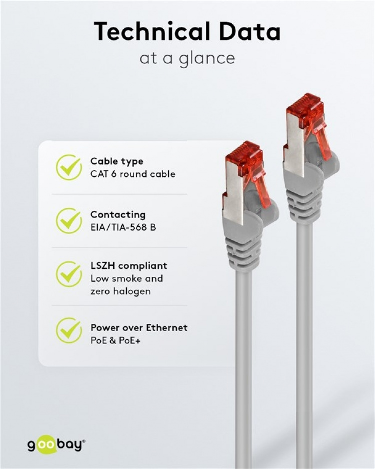 Goobay CAT 6 Patch Cable S/FTP (PiMF), grey copper conductor (CU), halogen-free cable sheath (LSZH) Goobay CAT 6 Patch Cable S/FTP (PiMF), grey copper conductor (CU), halogen-free cable sheath (LSZH)