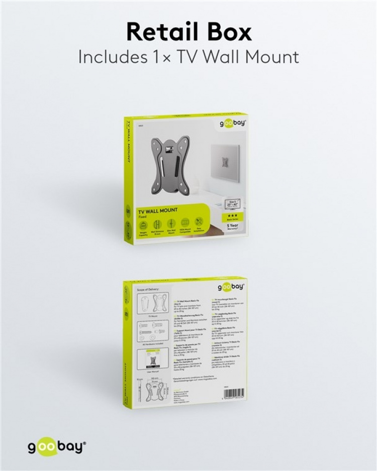 Goobay TV Wall Mount Basic FIXED (Size S) for TV sets and monitors from 23 to 42 inch (58-107 cm) up to 25 kg