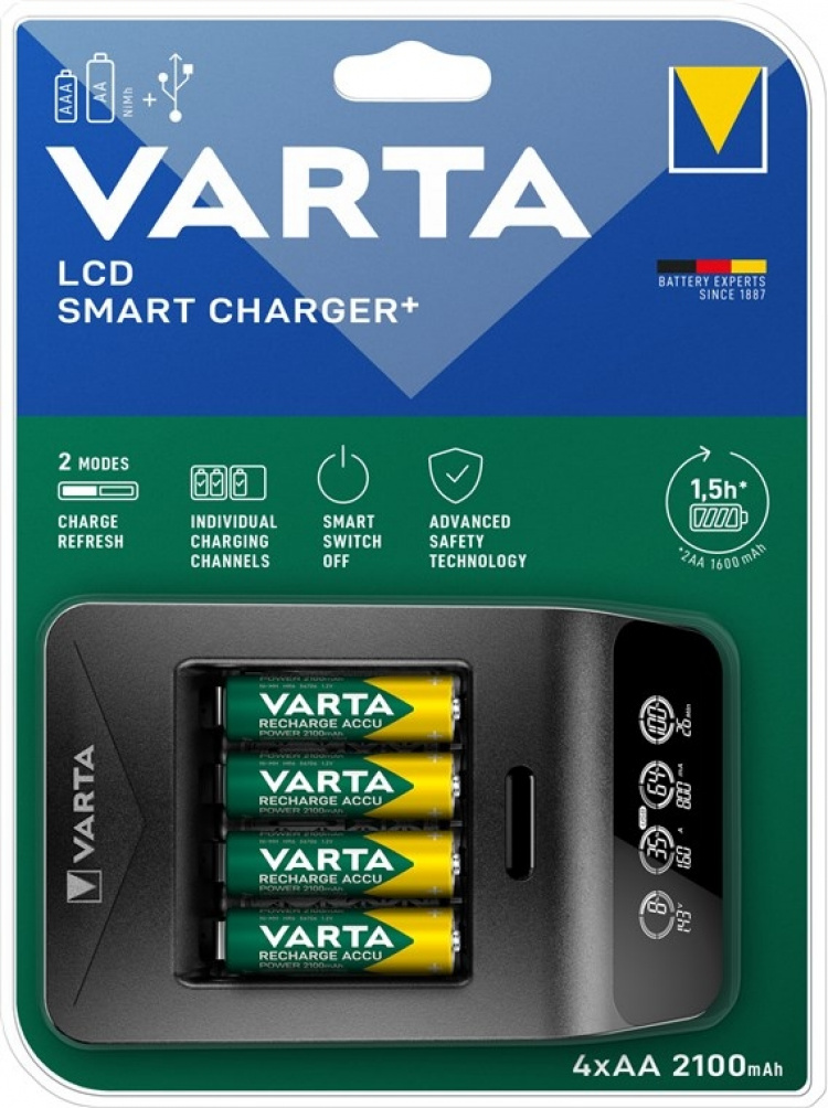 Varta LCD Smart Charger+ (Type 57684) incl. 4x AA 2100 mAh Charges up to 4x AA batteries or AAA batteries (NiMH) simultaneously