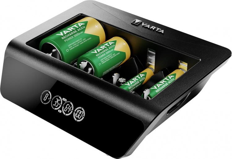 Varta LCD Universal Charger+ (Type 57688) Charges 1x 9 V battery or up to 4x AA batteries, AAA batteries, C or D batteries (NiMH) simultaneously Varta LCD Universal Charger+ (Type 57688) Charges 1x 9 V battery or up to 4x AA batteries, AAA batteries, C or D batteries (NiMH) simultaneously
