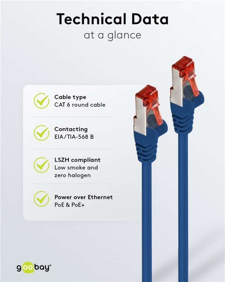 Goobay CAT 6 Patch Cable S/FTP (PiMF), blue copper conductor (CU), halogen-free cable sheath (LSZH) Goobay CAT 6 Patch Cable S/FTP (PiMF), blue copper conductor (CU), halogen-free cable sheath (LSZH)